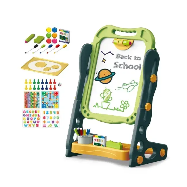 Tabla educativa magnetica cu doua fete Pliabila, Scris si Desenat, 52 de accesorii, jocuri si spatiu de depozitare, verde [5]