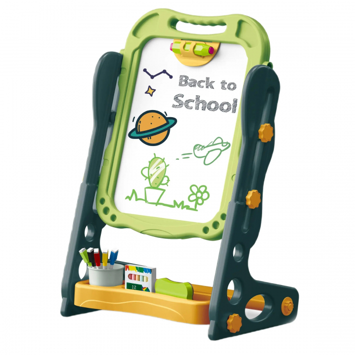 Tabla educativa magnetica cu doua fete Pliabila, Scris si Desenat, 52 de accesorii, jocuri si spatiu de depozitare, verde [1]