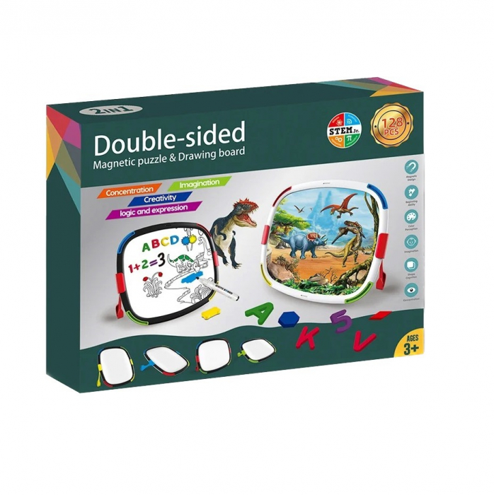 Tablita magnetica reversibila pentru desen si puzzle cu peisaje Dinozauri, multicolor [2]