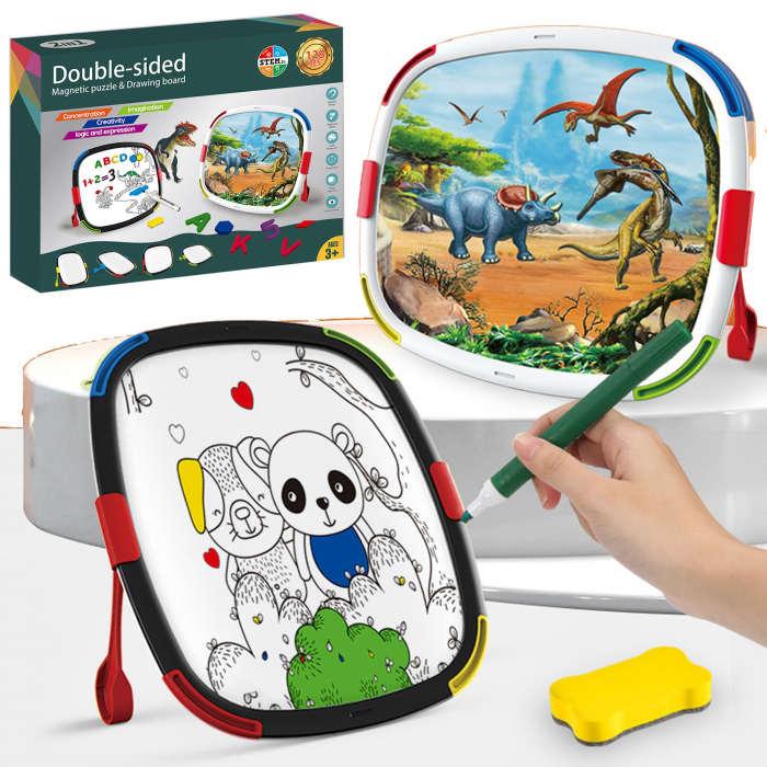 Tablita magnetica reversibila pentru desen si puzzle cu peisaje Dinozauri, multicolor [3]