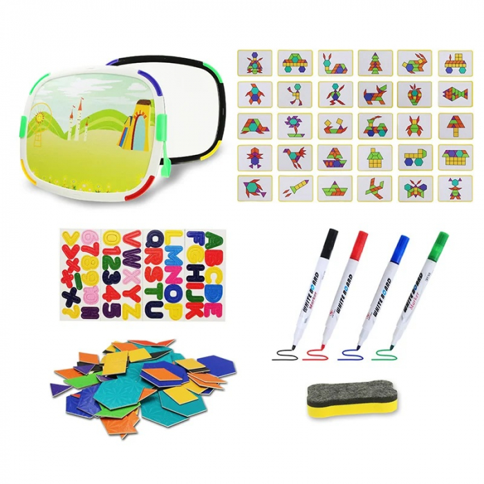 Tablita magnetica reversibila pentru desen si puzzle tangram cu peisaje Ferma, multicolor [7]