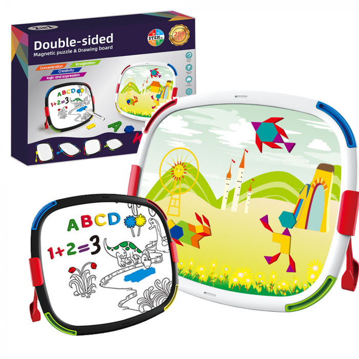 Tablita magnetica reversibila pentru desen si puzzle tangram cu peisaje Ferma, multicolor [3]
