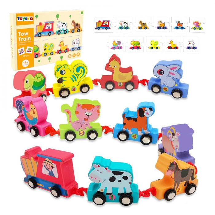 Tren din lemn cu Vagoane Animale, cifre de la 1 la 10, multicolor [3]