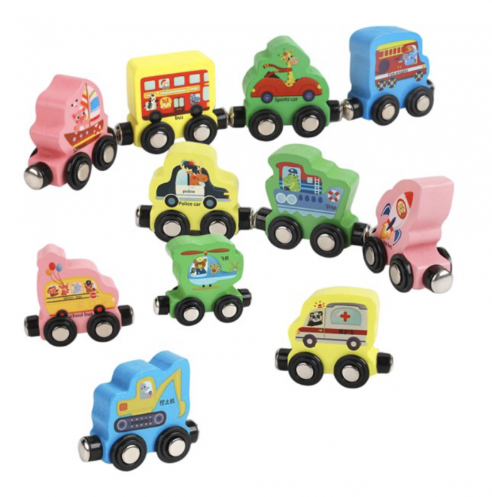 Tren din lemn cu vagoane magnetice Traffic Digital Car, multicolor [4]