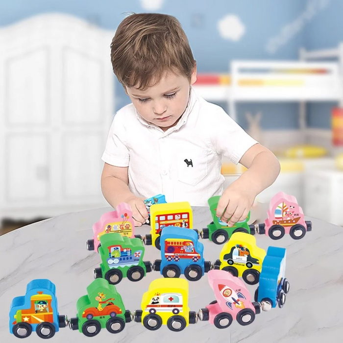 Tren din lemn cu vagoane magnetice Traffic Digital Car, multicolor [3]