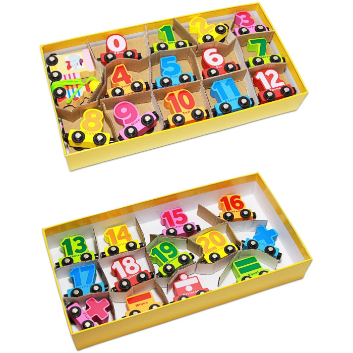Trenulet din lemn cu cifre Hauling Double si Vagoane Magnetice, multicolor [5]