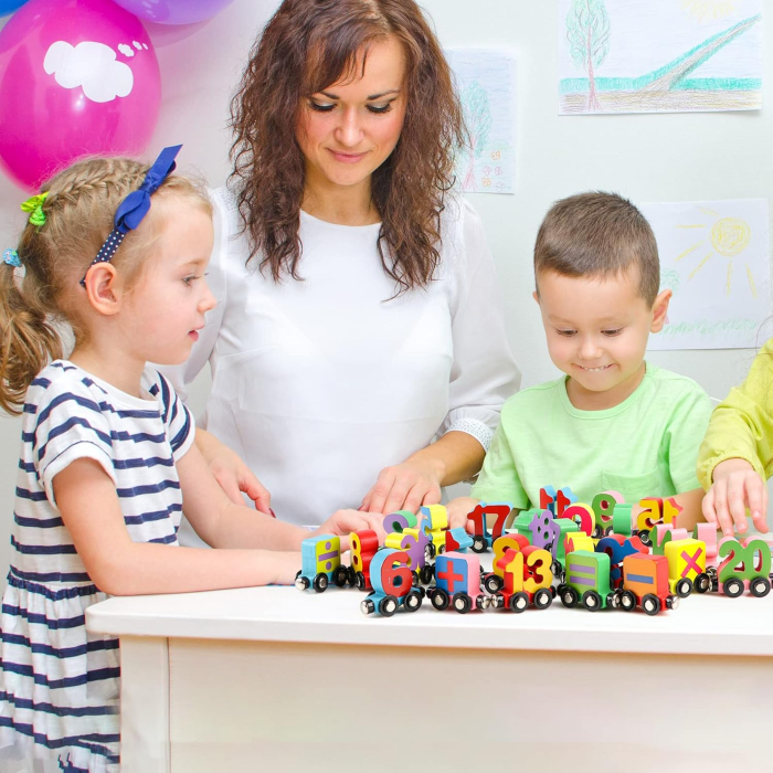 Trenulet din lemn cu Vagoane Magnetice, Numere, 27 piese, multicolor [8]