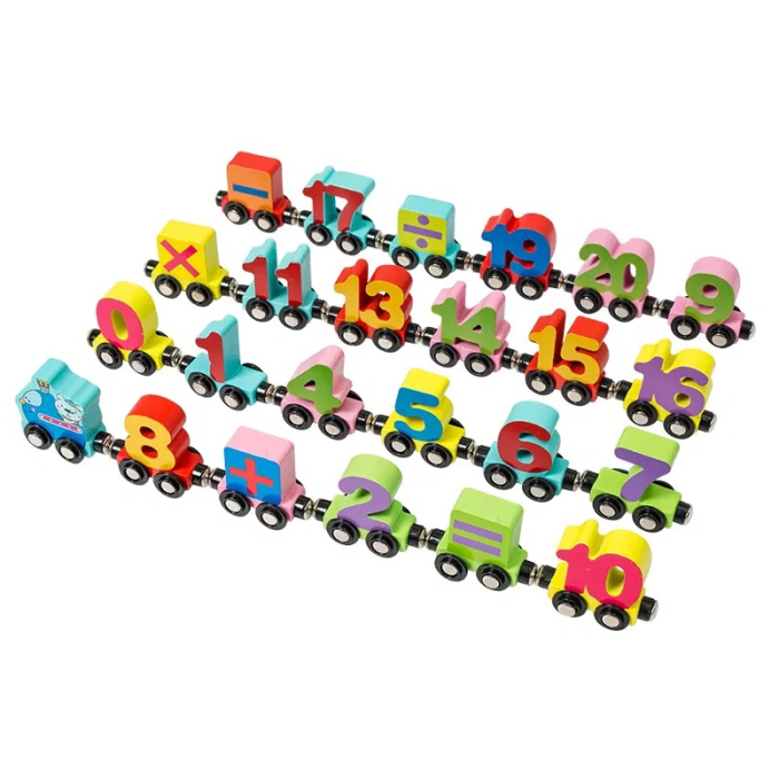 Trenulet din lemn cu Vagoane Magnetice, Numere, 27 piese, multicolor [2]
