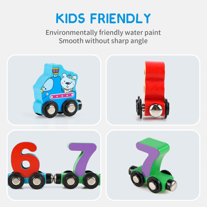 Trenulet din lemn cu Vagoane Magnetice, Numere, 27 piese, multicolor [3]