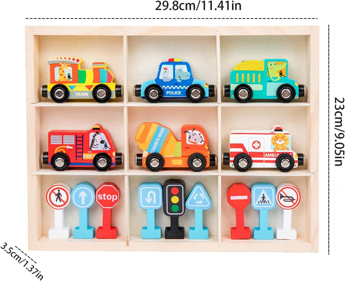 Trenulet din lemn cu Vagoane Magnetice Vehicule si Semne de Circulatie, multicolor [8]
