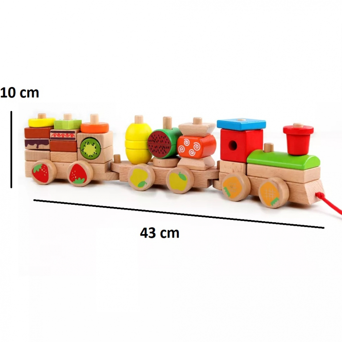 Trenulet Montessori din lemn stivuire cuburi cu fructe, multicolor [7]