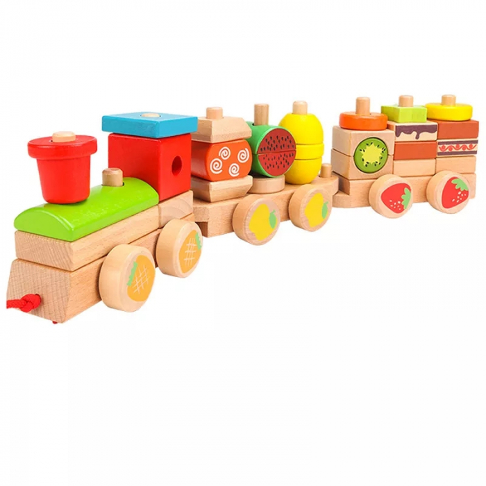 Trenulet Montessori din lemn stivuire cuburi cu fructe, multicolor [2]