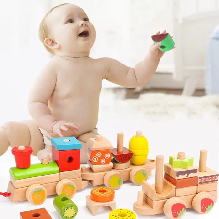 Trenulet Montessori din lemn stivuire cuburi cu fructe, multicolor [3]