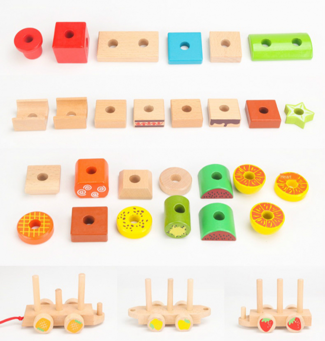 Trenulet Montessori din lemn stivuire cuburi cu fructe, multicolor [6]