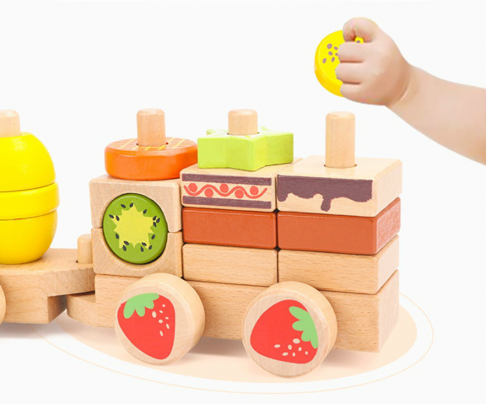 Trenulet Montessori din lemn stivuire cuburi cu fructe, multicolor [4]