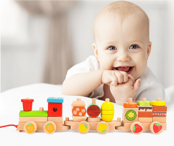 Trenulet Montessori din lemn stivuire cuburi cu fructe, multicolor [5]