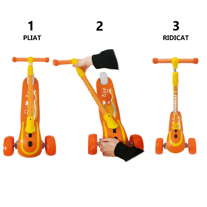 Trotineta copii reglabila cu 3 roti late, lumini LED si muzica, 3-8 ani, portocaliu [4]