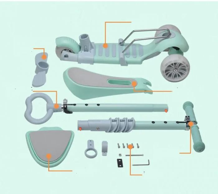 Trotineta copii reglabila cu cosulet 5 in 1 cu 3 roti, lumini LED, +2 ani, turcoaz [5]