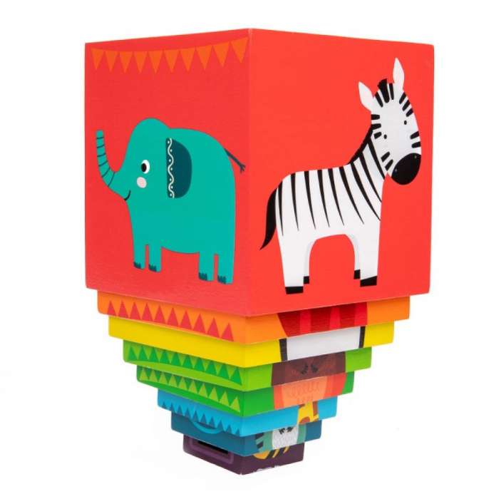 Turn Montessori de stivuire 2 in 1 din lemn, 8 cuburi Fructe si Animale si Forme de Sortat, multicolor [4]