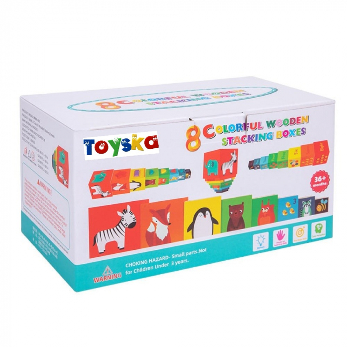 Turn Montessori de stivuire 2 in 1 din lemn, 8 cuburi Fructe si Animale si Forme de Sortat, multicolor [6]