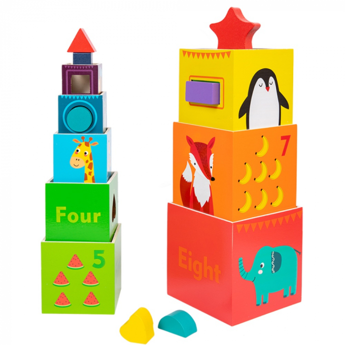 Turn Montessori de stivuire 2 in 1 din lemn, 8 cuburi Fructe si Animale si Forme de Sortat, multicolor [1]