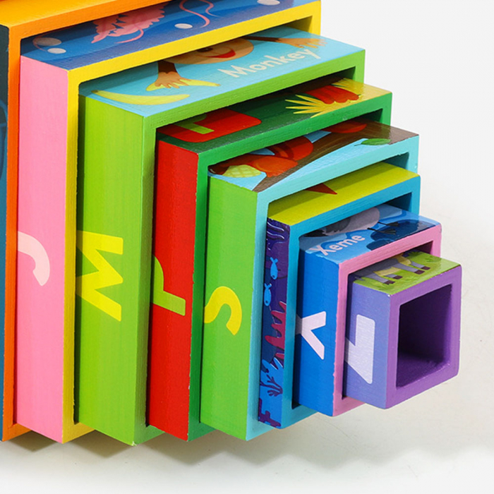Turn Montessori din lemn 10 cuburi Alfabet si Animale, multicolor [4]
