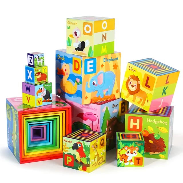 Turn Montessori din lemn 10 cuburi Alfabet si Animale, multicolor [2]