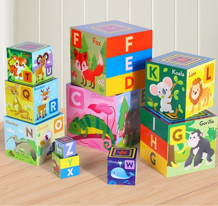 Turn Montessori din lemn 10 cuburi Alfabet si Animale, multicolor [3]