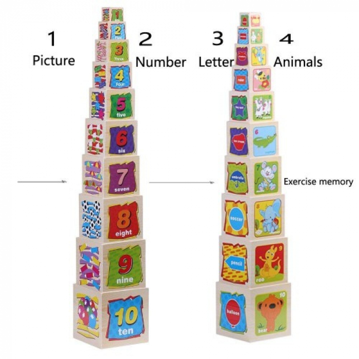 Turn Montessori din lemn 10 cuburi Cifre si Animale [6]