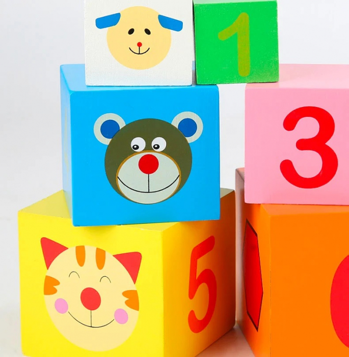 Turn Montessori din lemn 6 cuburi Animale, Cifre si Forme Geometrice, multicolor [8]