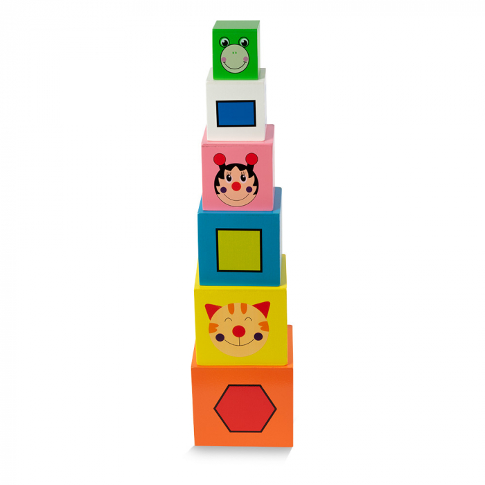 Turn Montessori din lemn 6 cuburi Animale, Cifre si Forme Geometrice, multicolor [2]
