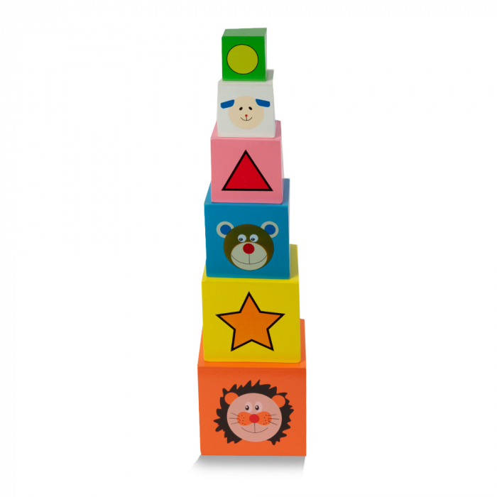 Turn Montessori din lemn 6 cuburi Animale, Cifre si Forme Geometrice, multicolor [3]