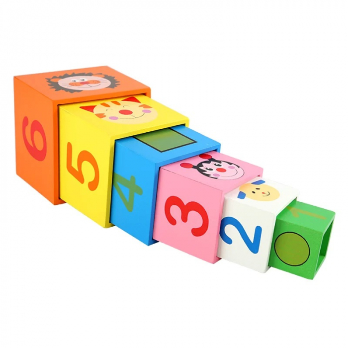 Turn Montessori din lemn 6 cuburi Animale, Cifre si Forme Geometrice, multicolor [5]