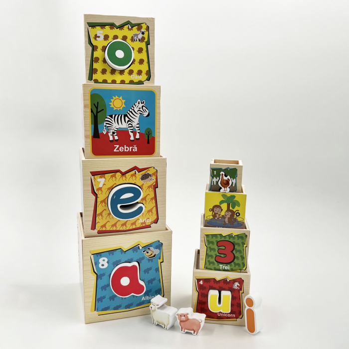 Turn Montessori in limba Romana din lemn cu 8 cuburi Cifre si Animale, multicolor [3]