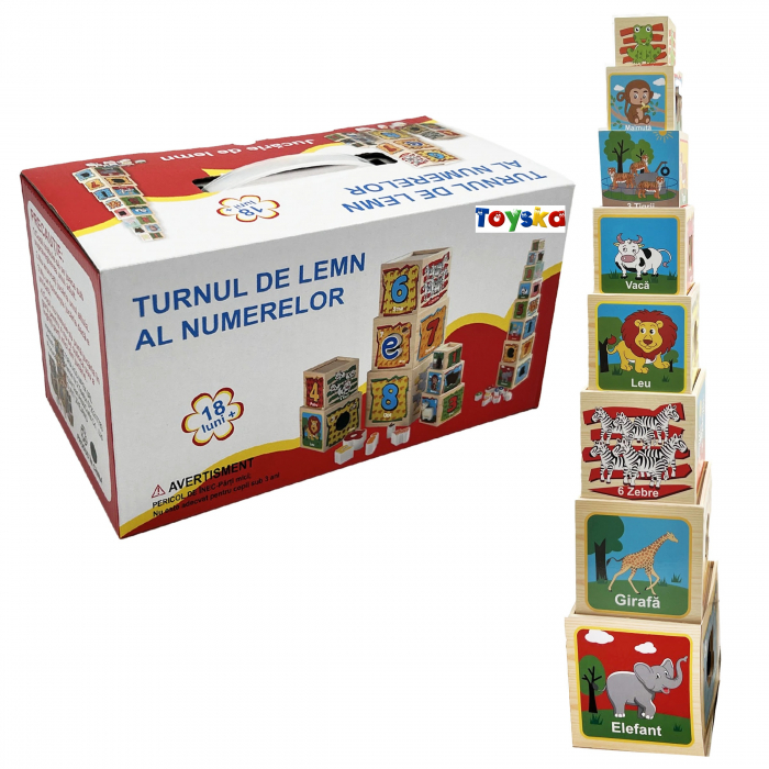 Turn Montessori in limba Romana din lemn cu 8 cuburi Cifre si Animale, multicolor [5]
