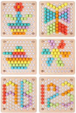 Joc Montessori de indemanare si asociere culori cu bile din lemn, multicolor [3]