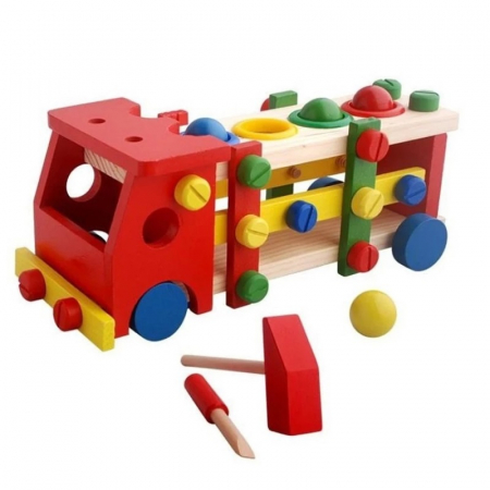 Banc de scule si ciocan cu bile din lemn Camionul 2 in 1