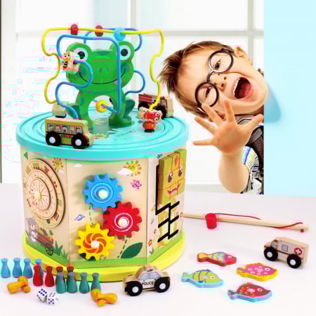 Cub educativ Montessori din lemn 10 in 1 Broscuta cu masinute si joc pescuit, multicolor [2]