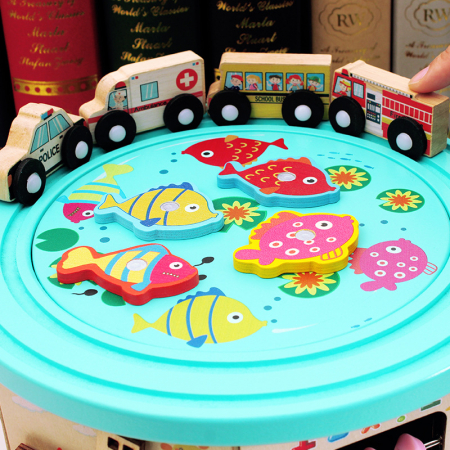 Cub educativ Montessori din lemn 10 in 1 Broscuta cu masinute si joc pescuit, multicolor [4]