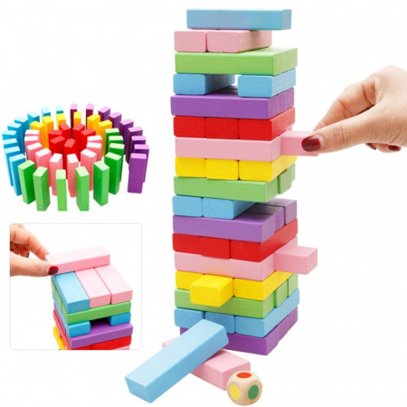 Cuburi Lemn Jenga Turnul Instabil Colorate, 48 piese, multicolor [1]