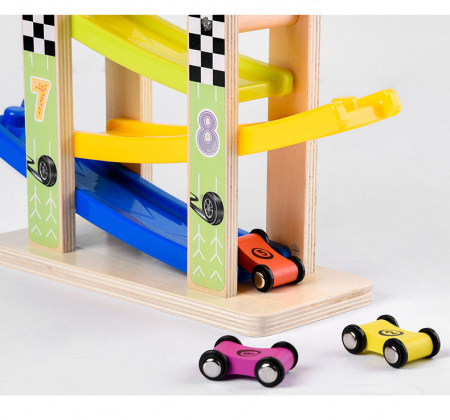 Pista cu 8 rampe si 6 masinute din lemn, multicolor [1]