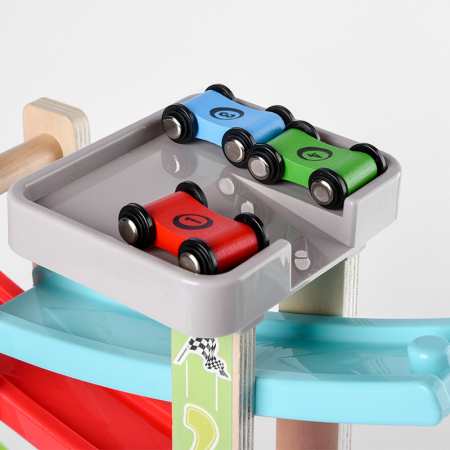 Pista cu 8 rampe si 6 masinute din lemn, multicolor [4]