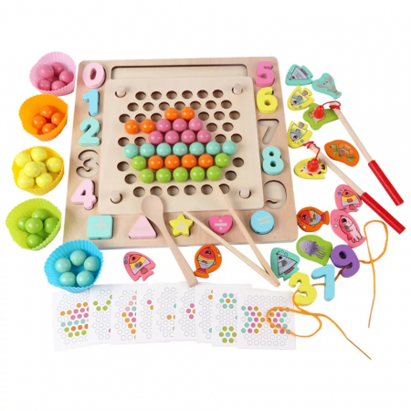 Jocuri dexteritate - Joc Montessori de indemanare Fishing Beads 4 in 1, multicolor