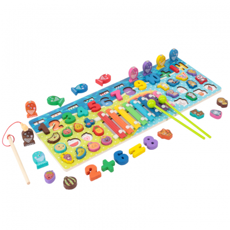 Tablite educative - Joc educativ logaritmic cu Xilofon Montessori 5 in 1 cu cifre, fructe, animale, joc de pescuit din lemn, multicolor