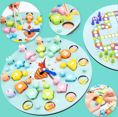 Ceas multifuncional din lemn cu doua fete, games, chess, fishing beads, multicolor [2]