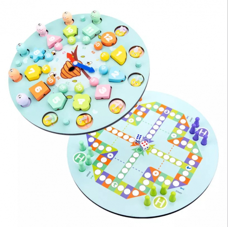 Ceas multifuncional din lemn cu doua fete, games, chess, fishing beads, multicolor [3]
