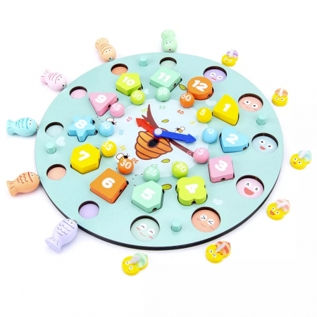 Ceas multifuncional din lemn cu doua fete, games, chess, fishing beads, multicolor [0]