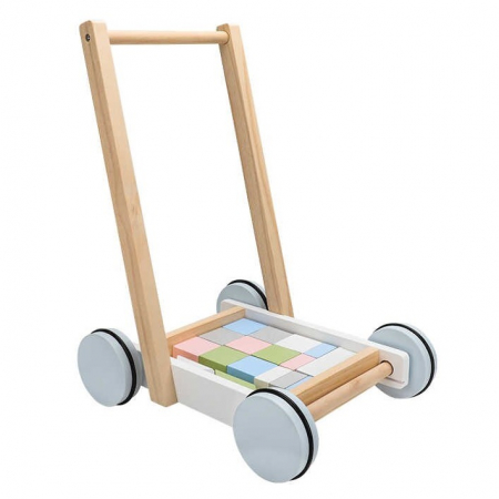 Antemergator si Carucior pentru Cuburi 2 in 1 DIY din Lemn, 20 cuburi, Nontoxic, Multicolor