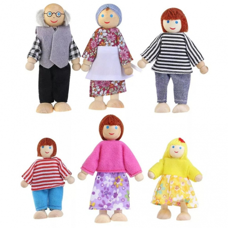Jucarii Montessori din lemn - Set 6 papusi din lemn, Familia Puppet, multicolor