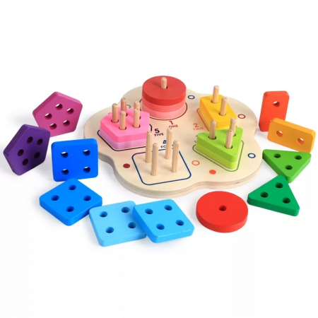 Sortator Montessori 5 coloane forme geometrice si cifre, multicolor